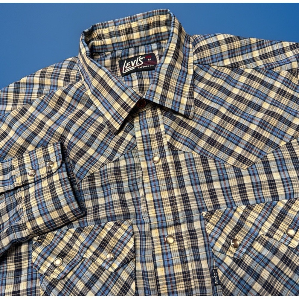 Vintage Levis Shirt Mens M‎ Plaid Cowboy Western Pearl Snap Sawtooth *FLAWS
